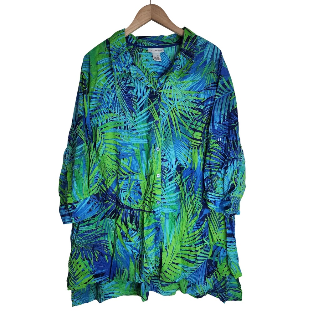 Catherine's Button‎ Up Top Women's 3X Tropical 3/4 Sleeve Top Blue Green